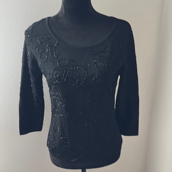 Sandra Darren black beaded 3/4 sleeves special occasion sweater Sz M - Picture 1 of 7
